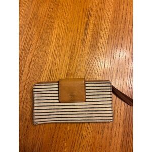 Fossil Striped Canvas Leather Bifold Wristlet Wallet Black White Tan Nautical